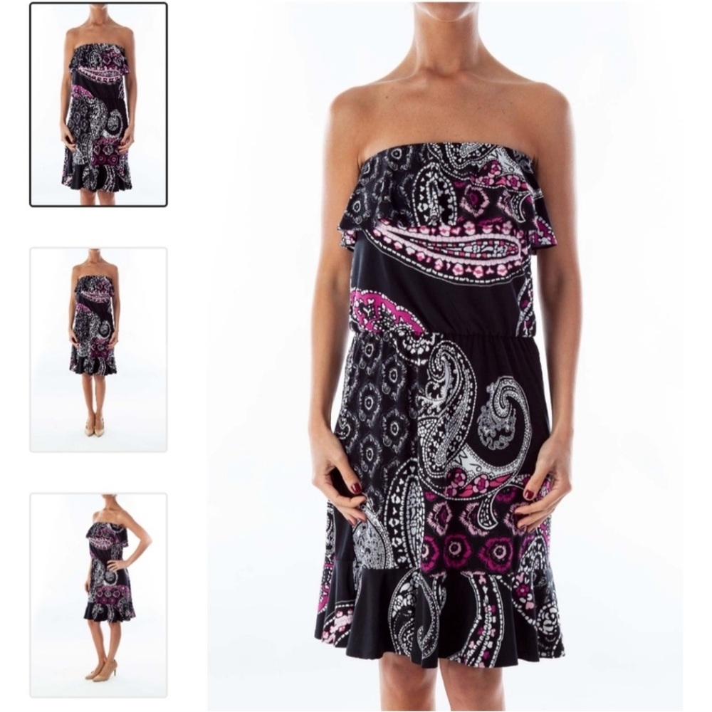 White House Black Market  Black and Pink Paisley Strapless Dress Size Small
